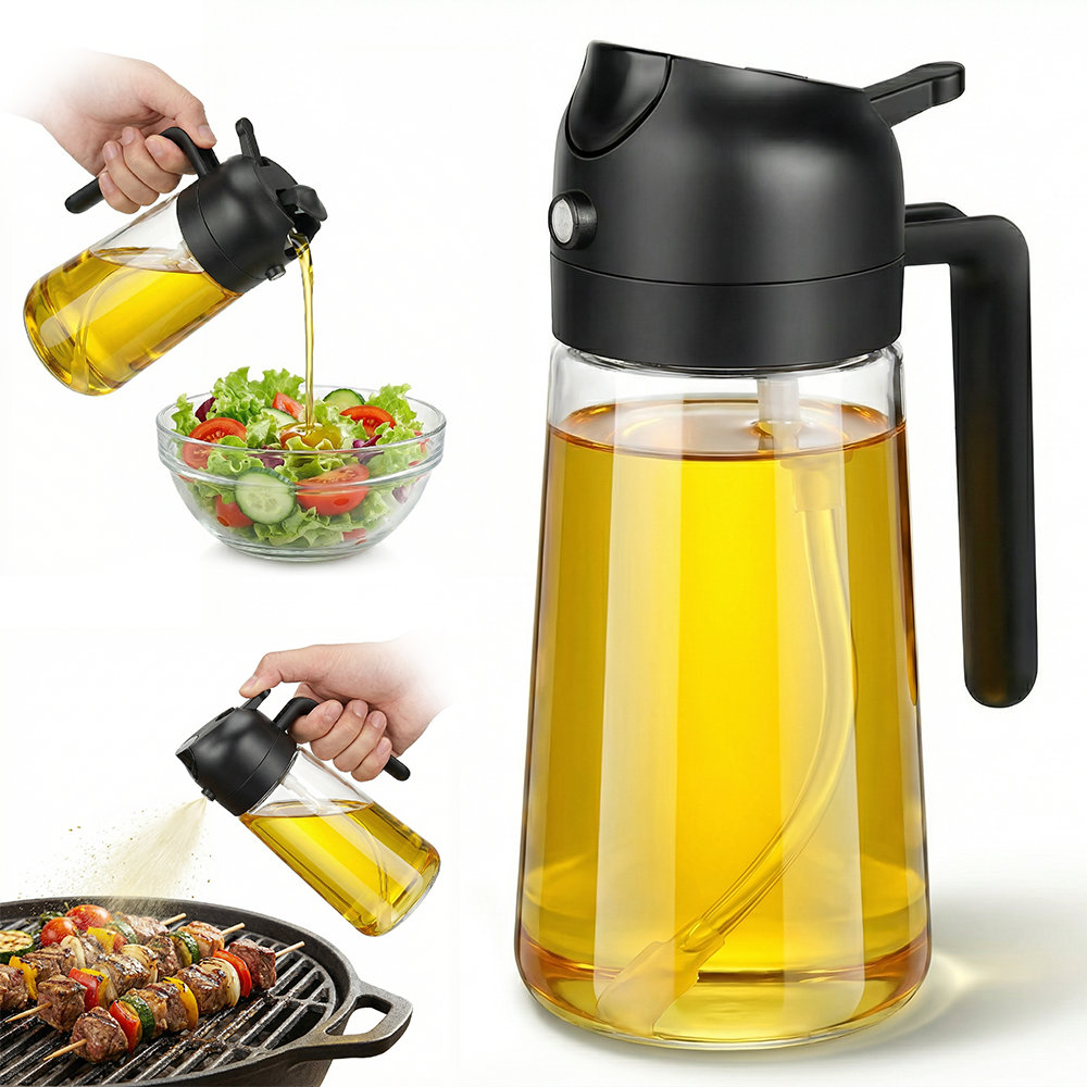 2-in-1 Glass Oil Dispenser and Sprayer Bottle (Black)